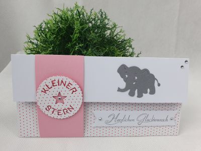 Gutscheinkarte zur Geburt Weiß-Rosa mit Elefant für ein Mädchen